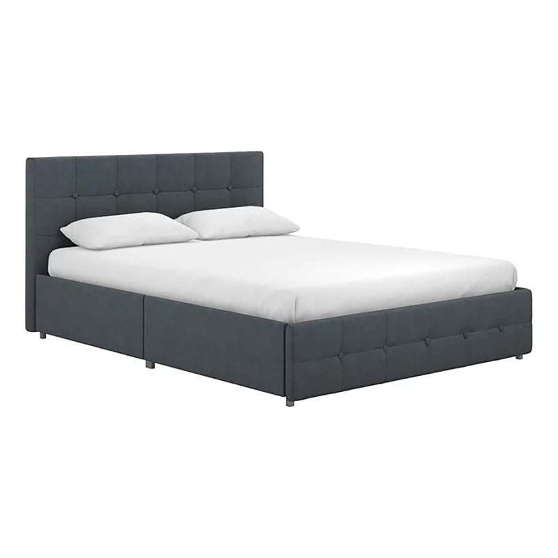 Bowery Hill Mid-Century Button Tufted Fabric Full Storage Platform Bed in Blue