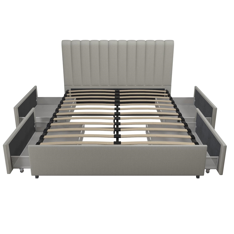 Bowery Hill Modern Fabric Upholstered Queen Bed with Storage Drawers in Gray