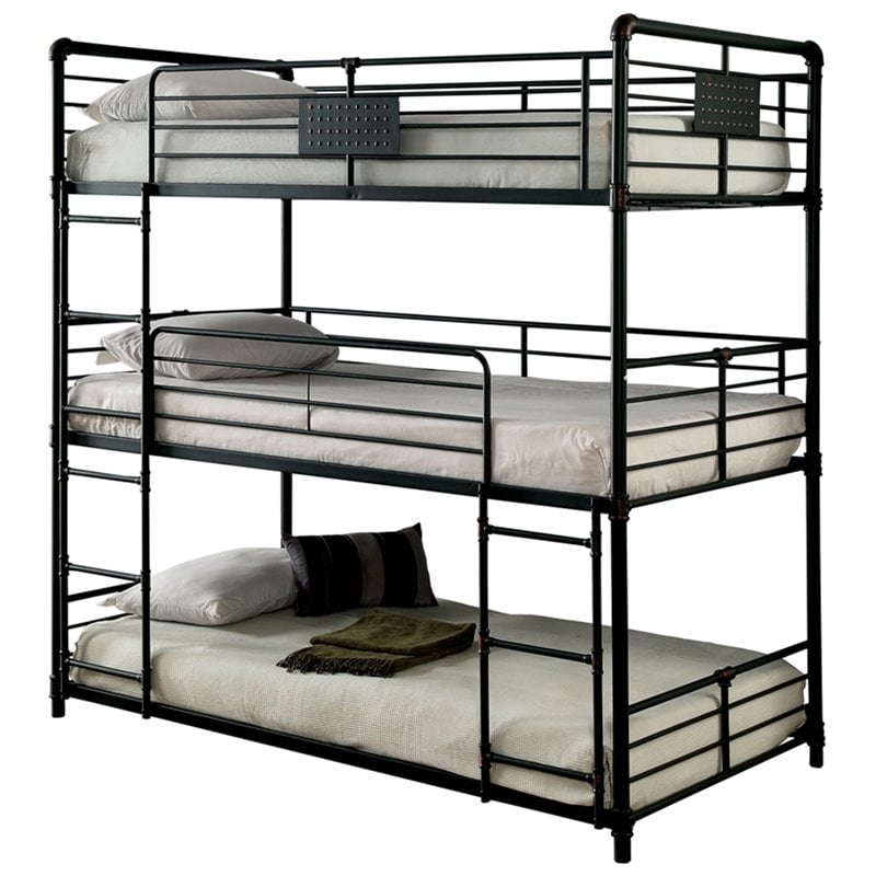 Bowery Hill Metal Twin Triple Bunk Bed in Antique Black