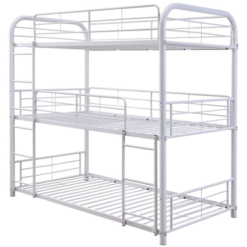 Bowery Hill Industrial Metal 2 Built-in Ladders Triple Twin Bunk Bed in White