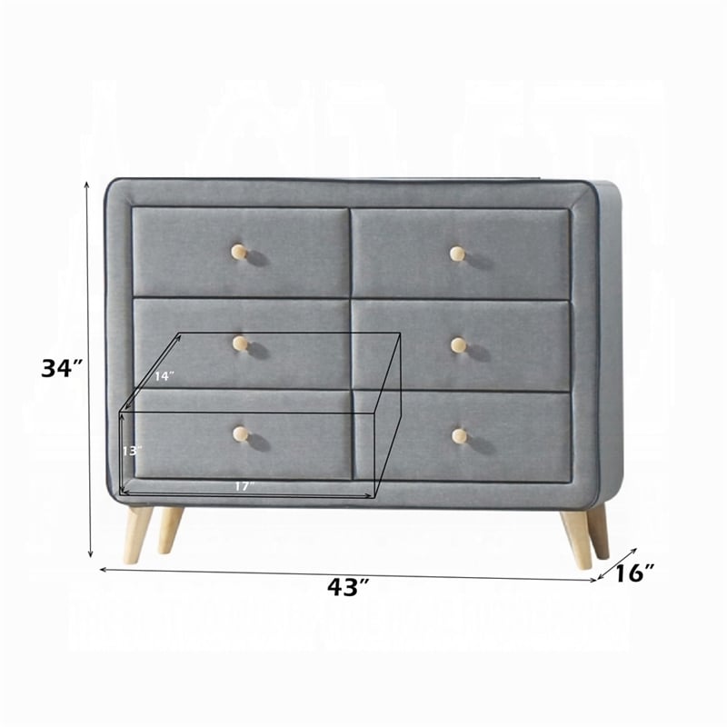 Bowery Hill 6 Drawer Dresser in Light Gray Fabric