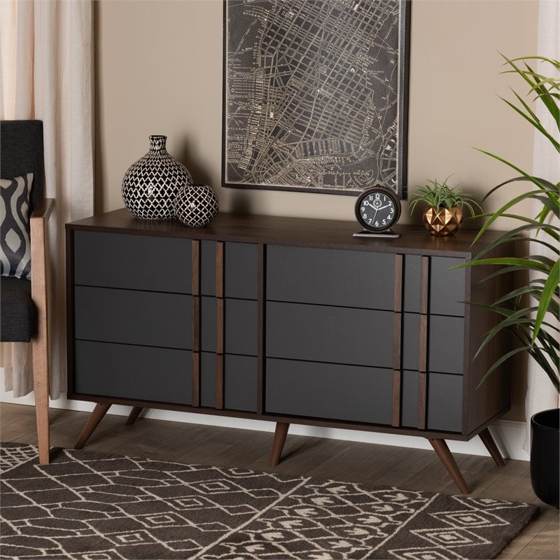Bowery Hill Gray and Walnut Finished Wood 6-Drawer Bedroom Dresser