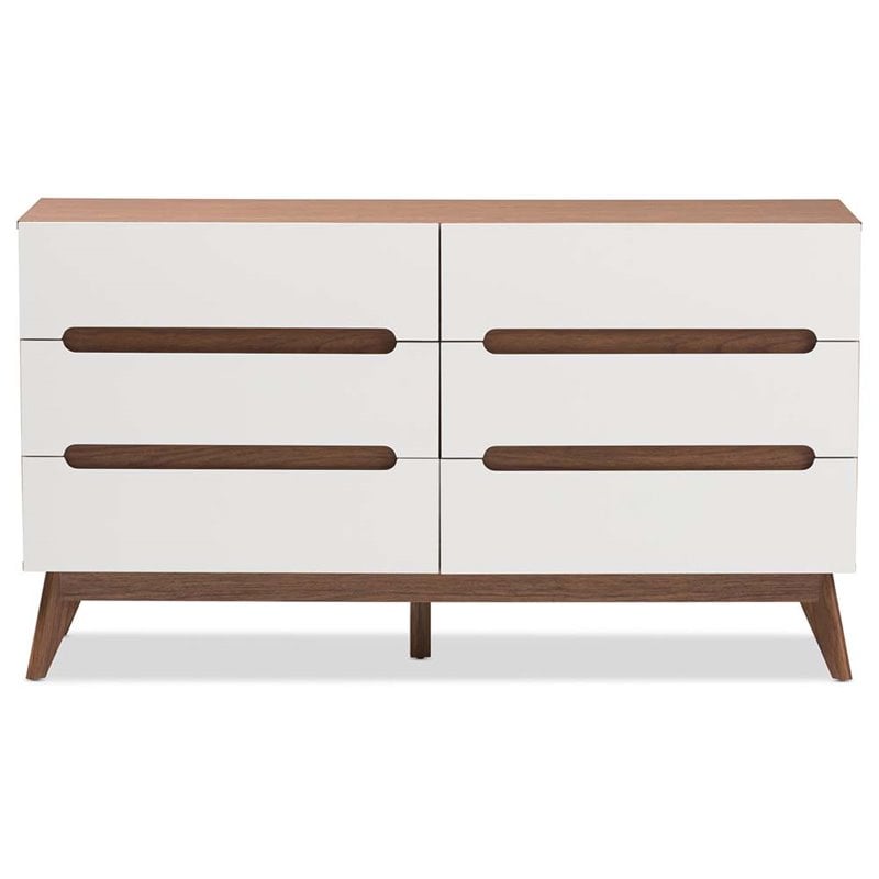 Bowery Hill 6 Drawer Double Dresser in White and Walnut