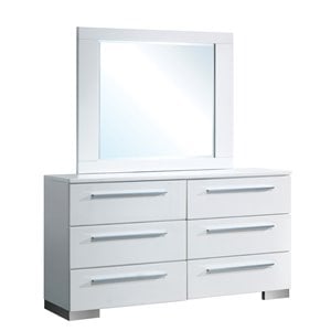 Bowery Hill Contemporary Glossy White Wood 6-Drawer Dresser and Mirror