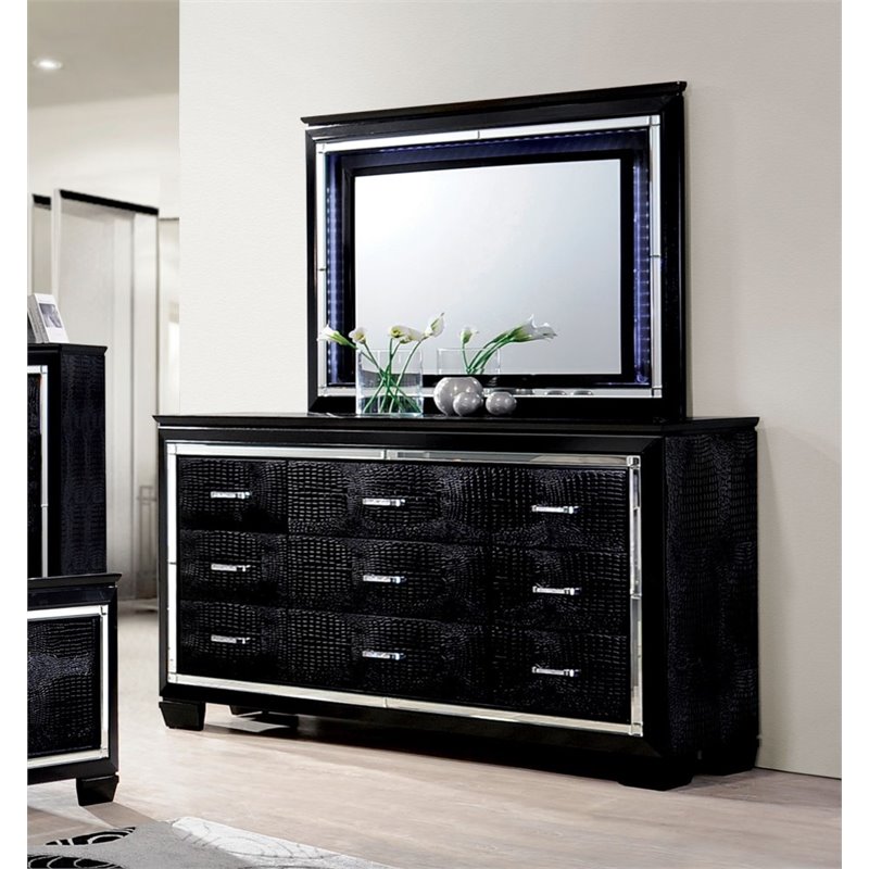Bowery Hill 9 Drawers Contemporary Wood LED Dresser and Mirror in Black