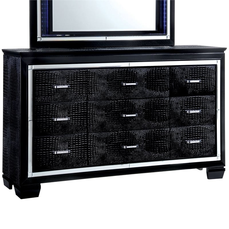 Bowery Hill 9 Drawers Contemporary Wood LED Dresser and Mirror in Black