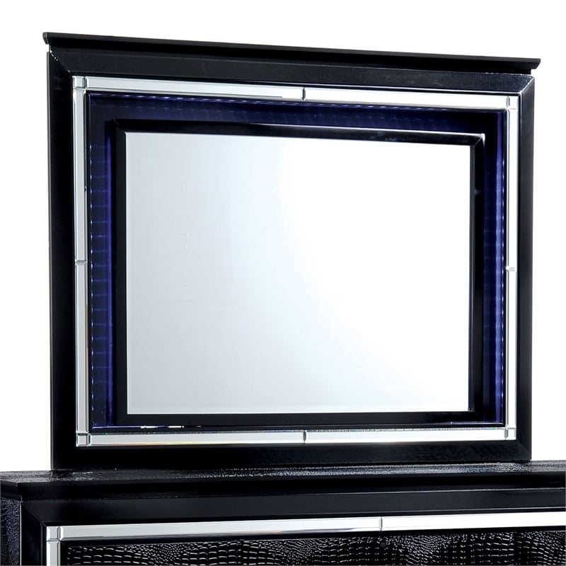 Bowery Hill 9 Drawers Contemporary Wood LED Dresser and Mirror in Black