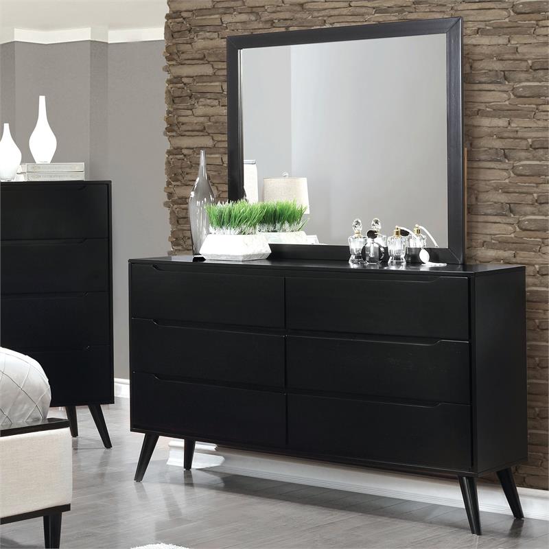 Bowery Hill Mid-Century Solid Wood Dresser and Rectangular Mirror in Black