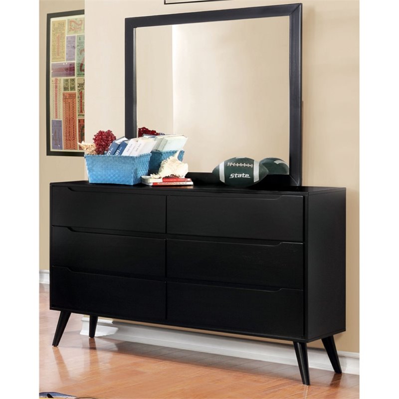 Bowery Hill Mid-Century Solid Wood Dresser and Rectangular Mirror in Black