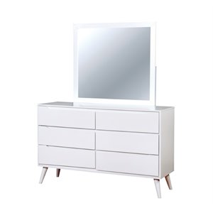 Bowery Hill Mid-Century Solid Wood Dresser and Rectangular Mirror in White