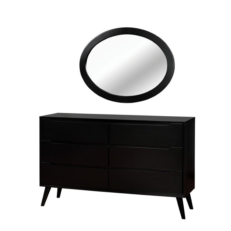 Bowery Hill Mid-Century Wood Dresser and Oval Mirror in Black