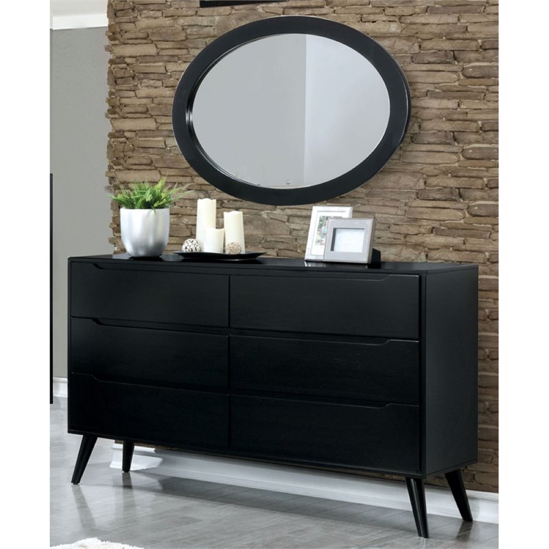 Bowery Hill Mid-Century Wood Dresser and Oval Mirror in Black