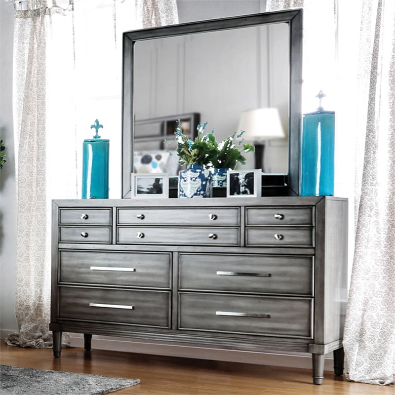 Bowery Hill 2-Piece 7-Drawer Transitional Wood Dresser and Mirror in Gray