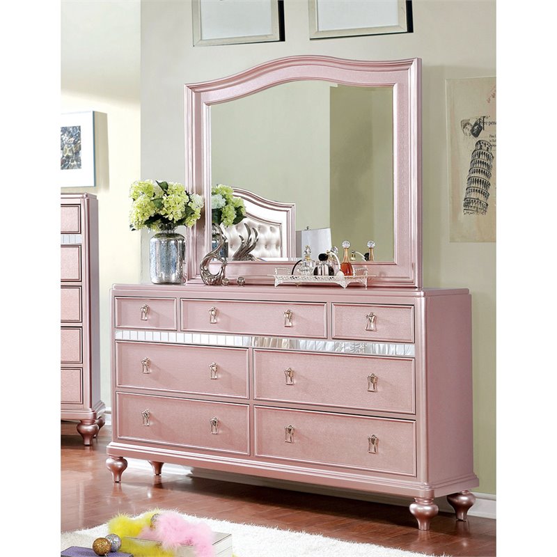 Bowery Hill 2-Piece Contemporary Wood Dresser and Mirror in Rose Gold