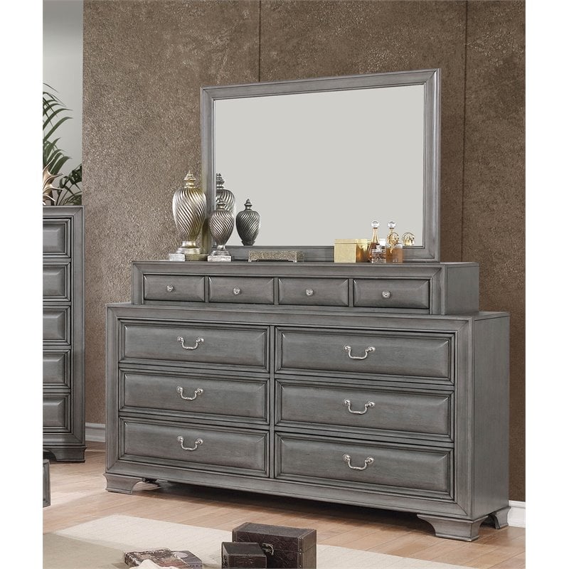 Bowery Hill Transitional 10-Drawer Wood Dresser and Mirror in Gray
