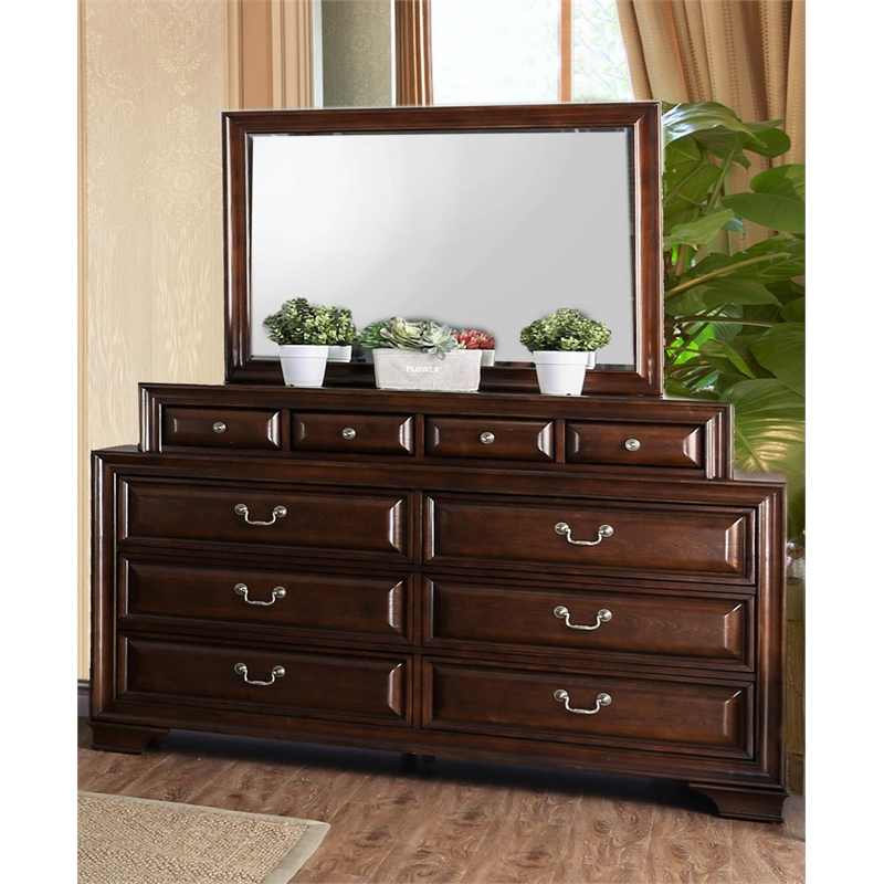 Bowery Hill Wood 10-Drawer Double Dresser in Brown Cherry