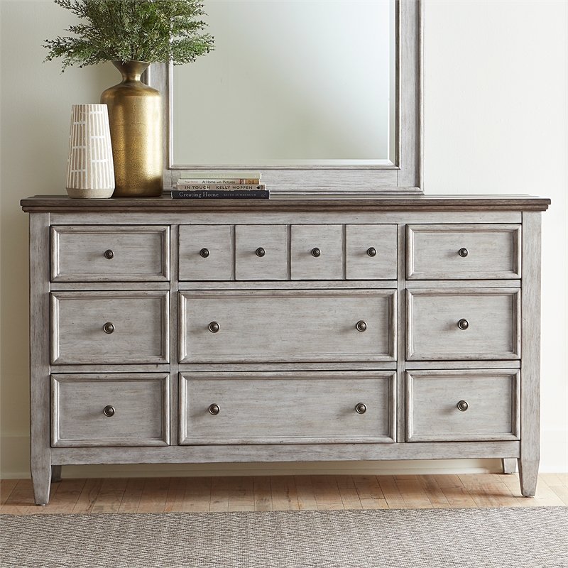 Bowery Hill Mid-Century Wood 9 Drawer Dresser in White