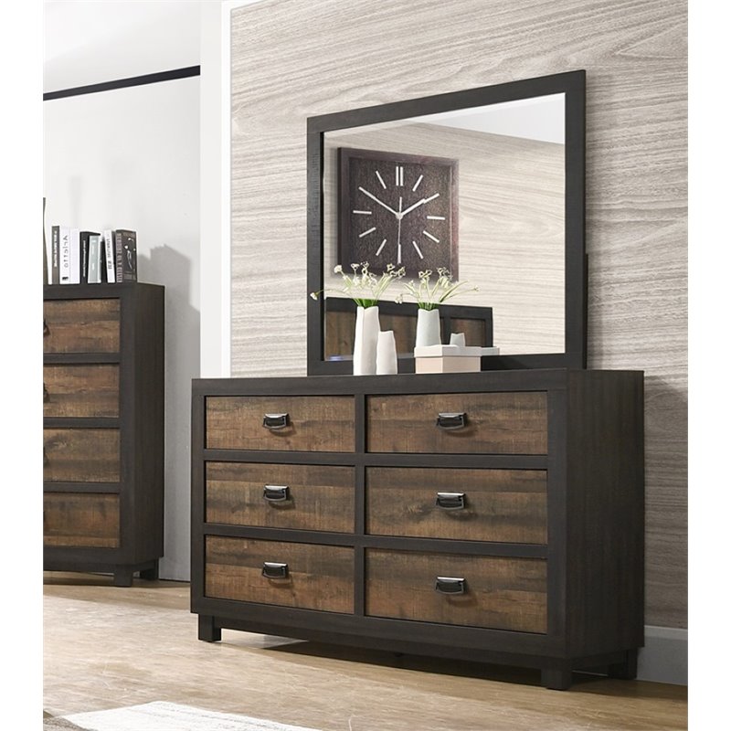 Bowery Hill Wood 6-Drawers Bedroom Dresser with Mirror Set in Walnut/Chocolate