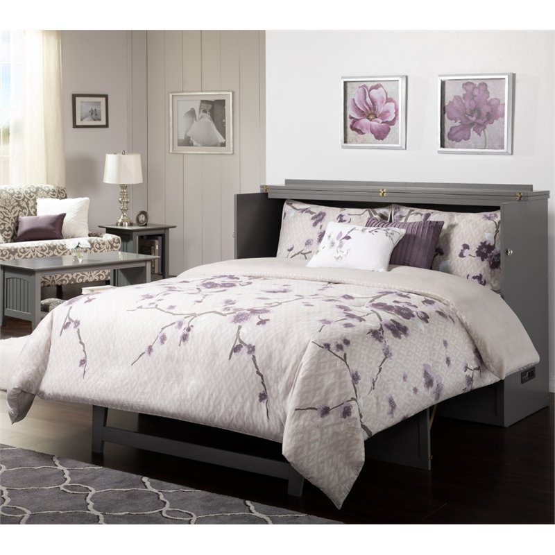 Bowery Hill Queen Traditional Solid Wood Murphy Bed Chest with Mattress in Gray