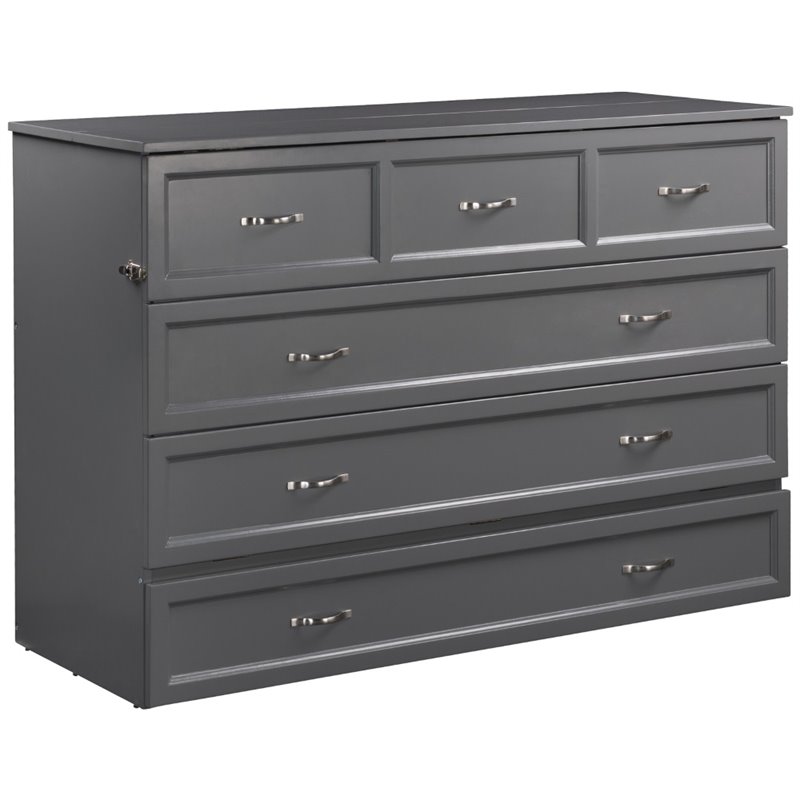 Bowery Hill Queen Traditional Solid Wood Murphy Bed Chest with Mattress in Gray