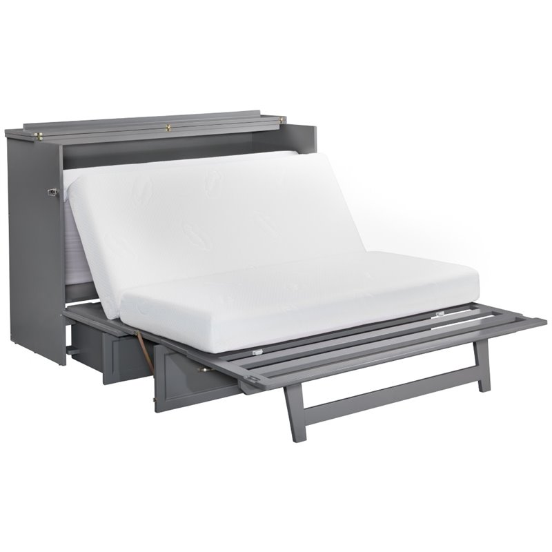 Bowery Hill Queen Traditional Solid Wood Murphy Bed Chest with Mattress in Gray