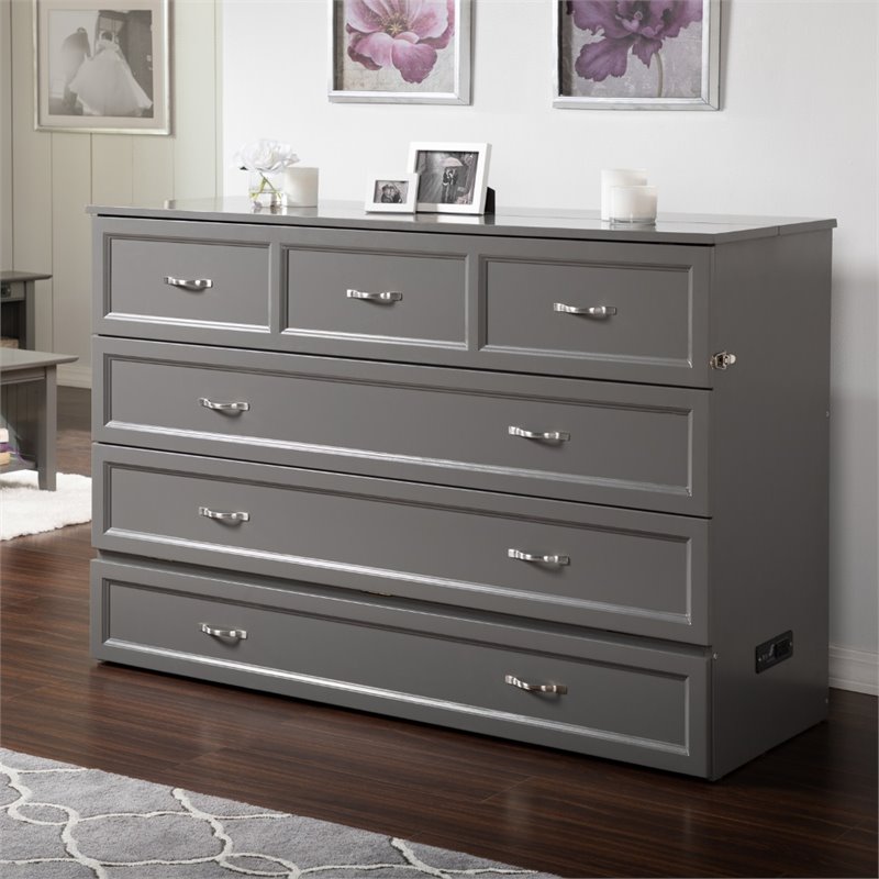 Bowery Hill Queen Traditional Solid Wood Murphy Bed Chest with Mattress in Gray
