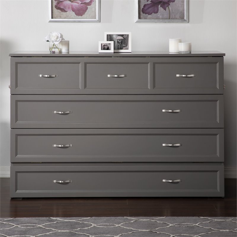 Bowery Hill Queen Traditional Solid Wood Murphy Bed Chest with Mattress in Gray