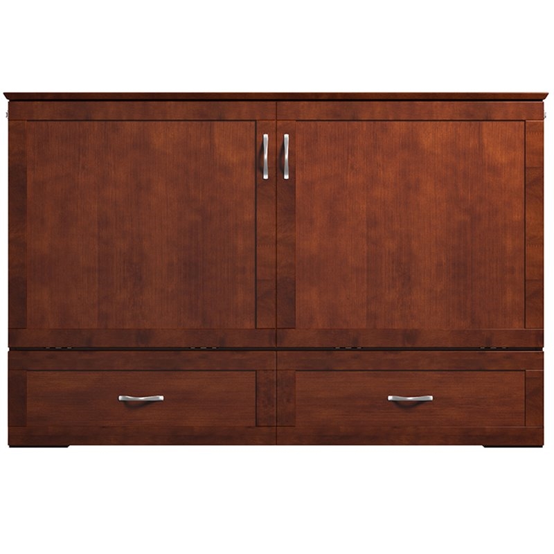 Bowery Hill Queen Traditional Solid Wood Murphy Bed Chest w/ Mattress in Walnut