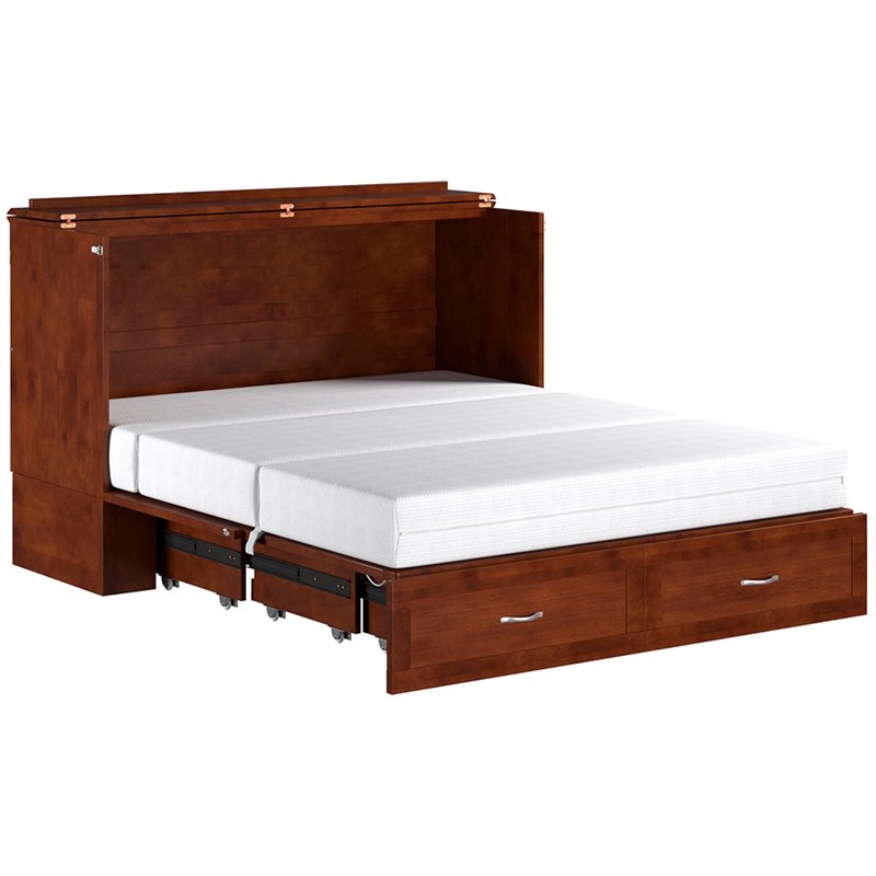 Bowery Hill Queen Traditional Solid Wood Murphy Bed Chest w/ Mattress in Walnut
