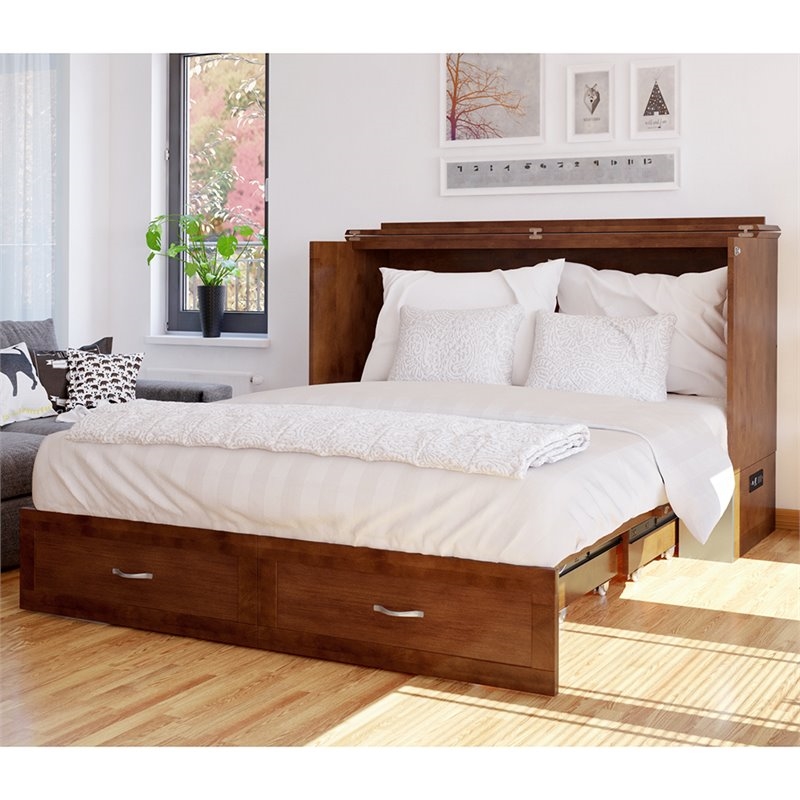 Bowery Hill Queen Traditional Solid Wood Murphy Bed Chest w/ Mattress in Walnut
