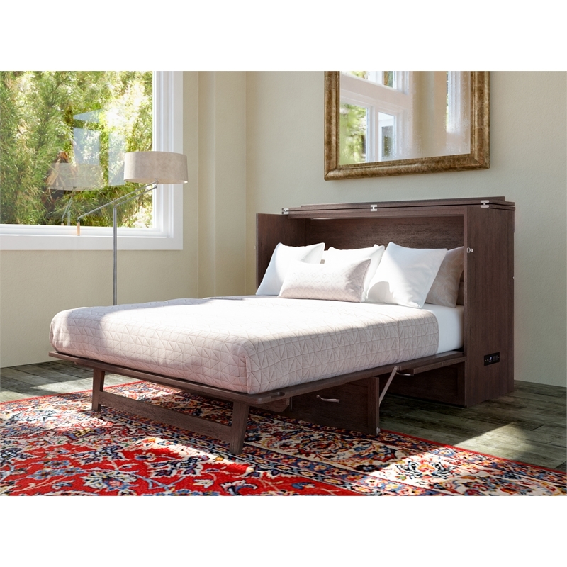 Bowery Hill Queen Modern Wood Murphy Bed Chest with Mattress in Burnt Amber