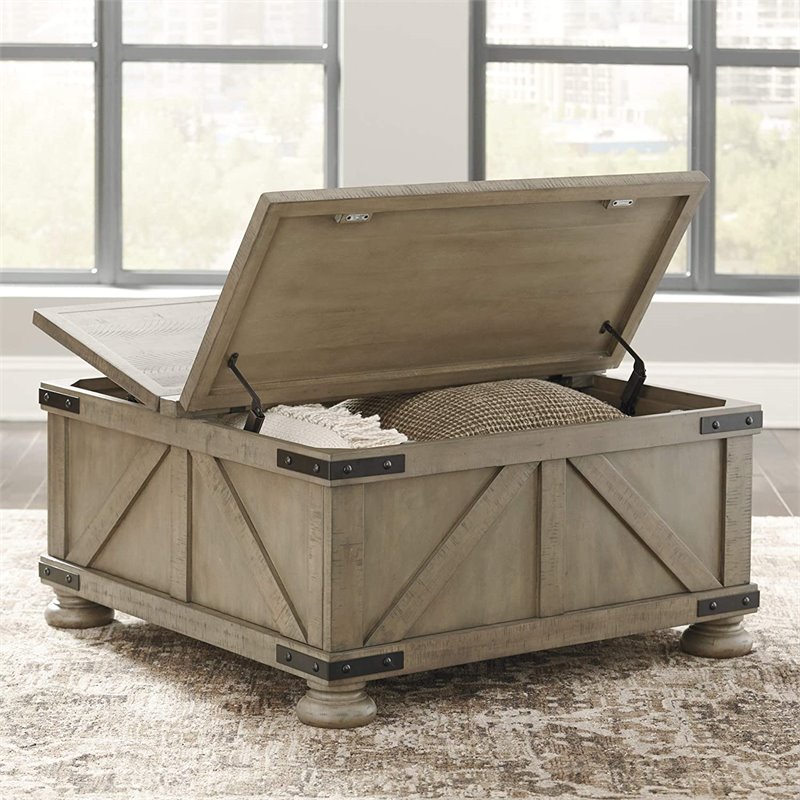 Bowery Hill Pine Wood Square Coffee Table with Storage in Weathered Gray