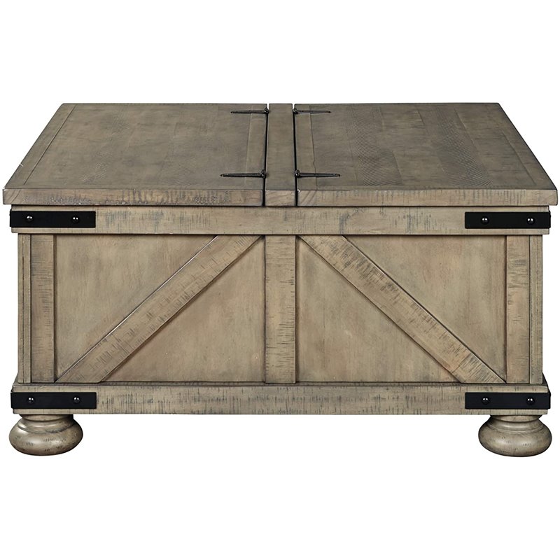 Bowery Hill Pine Wood Square Coffee Table with Storage in Weathered Gray