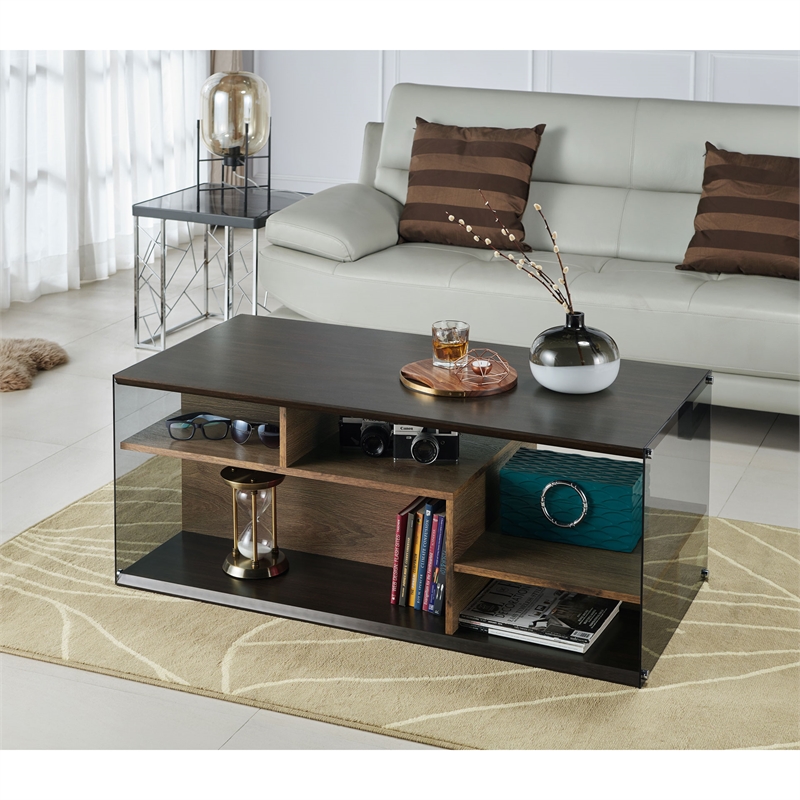 Bowery Hill Geometric Design Modern Wood Storage Coffee Table in Oak