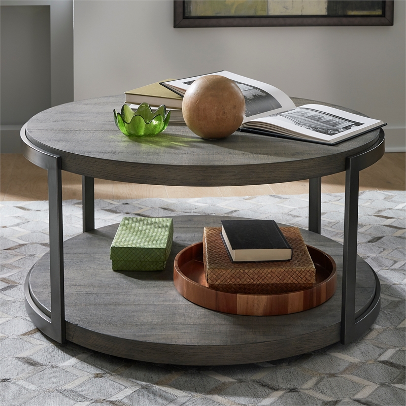 Bowery Hill Modern Wood Round Cocktail Table in Brown