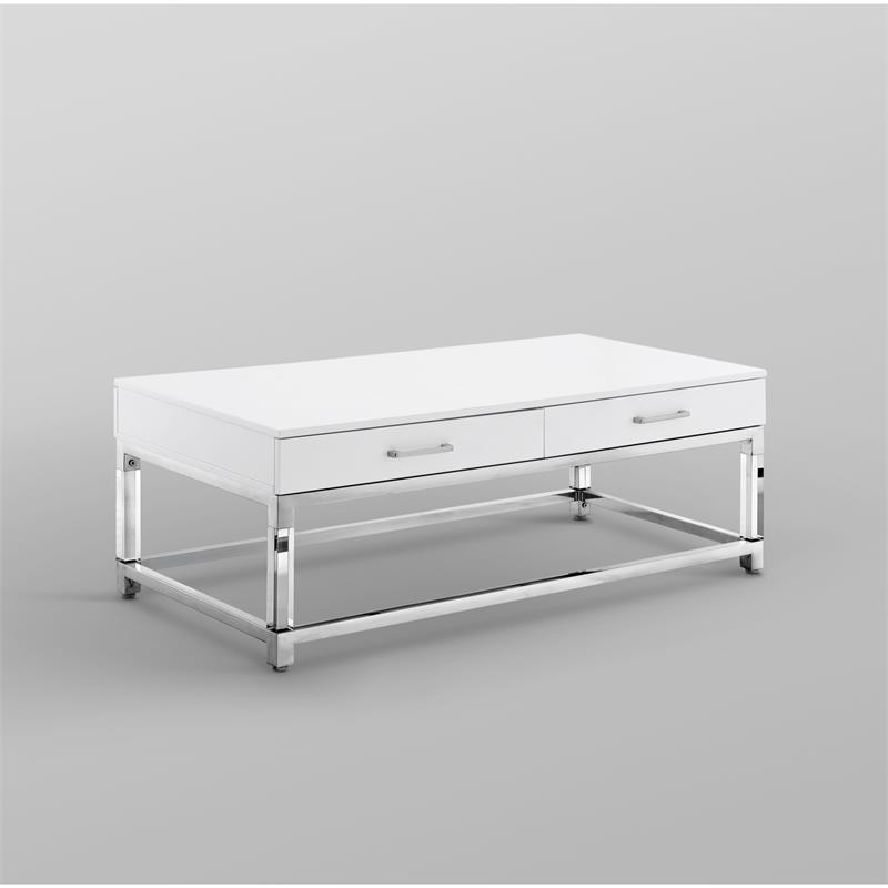 Bowery Hill 2-Drawer Metal Coffee Table with Acrylic Legs in White and Chrome
