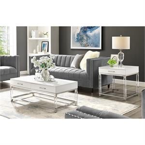 Bowery Hill 2-Drawer Metal Coffee Table with Acrylic Legs in White and Chrome