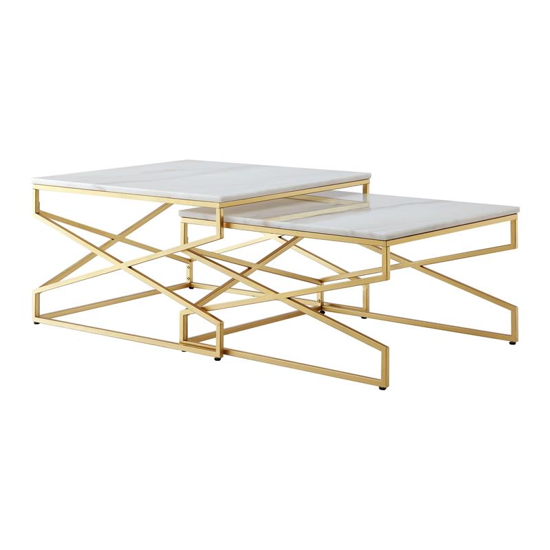 Bowery Hill Square Marble Top Nesting Coffee Table in Gold