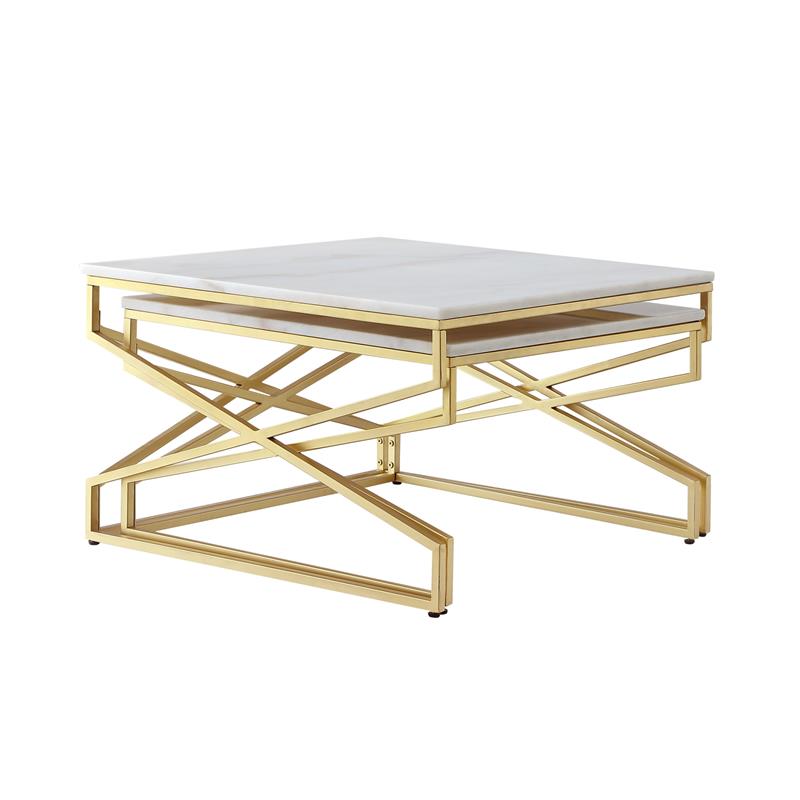 Bowery Hill Square Marble Top Nesting Coffee Table in Gold