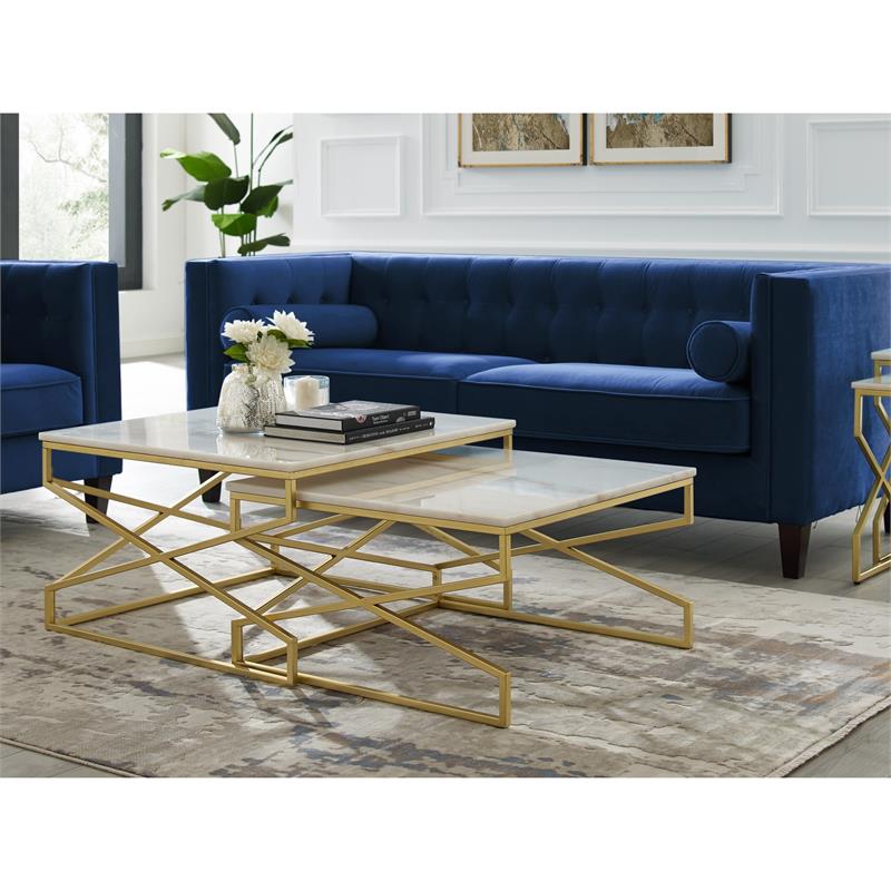 Bowery Hill Square Marble Top Nesting Coffee Table in Gold