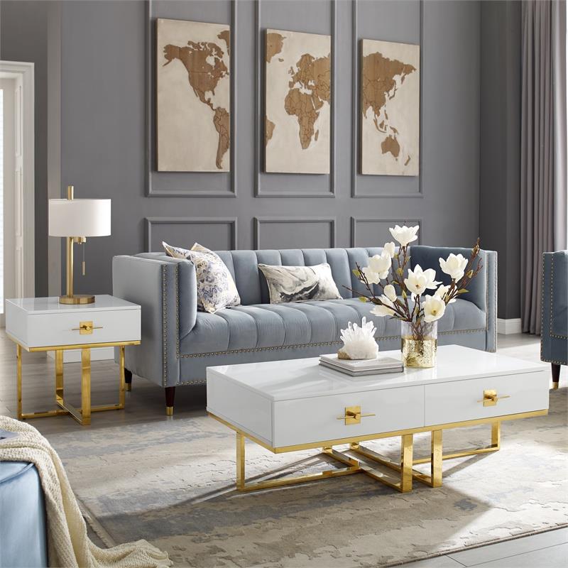 Bowery Hill 2-Drawers Stainless Steel Base Coffee Table in White and Gold