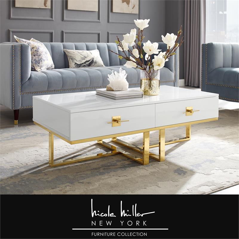 Bowery Hill 2-Drawers Stainless Steel Base Coffee Table in White and Gold