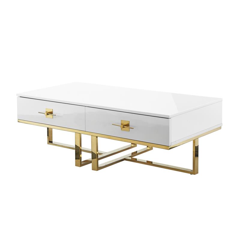 Bowery Hill 2-Drawers Stainless Steel Base Coffee Table in White and Gold