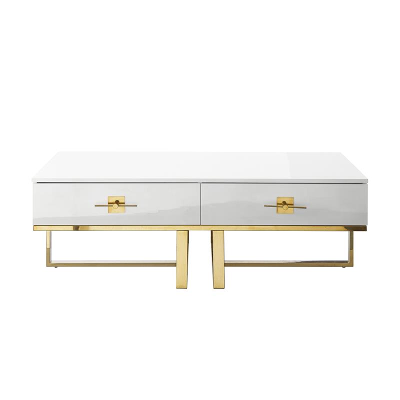 Bowery Hill 2-Drawers Stainless Steel Base Coffee Table in White and Gold