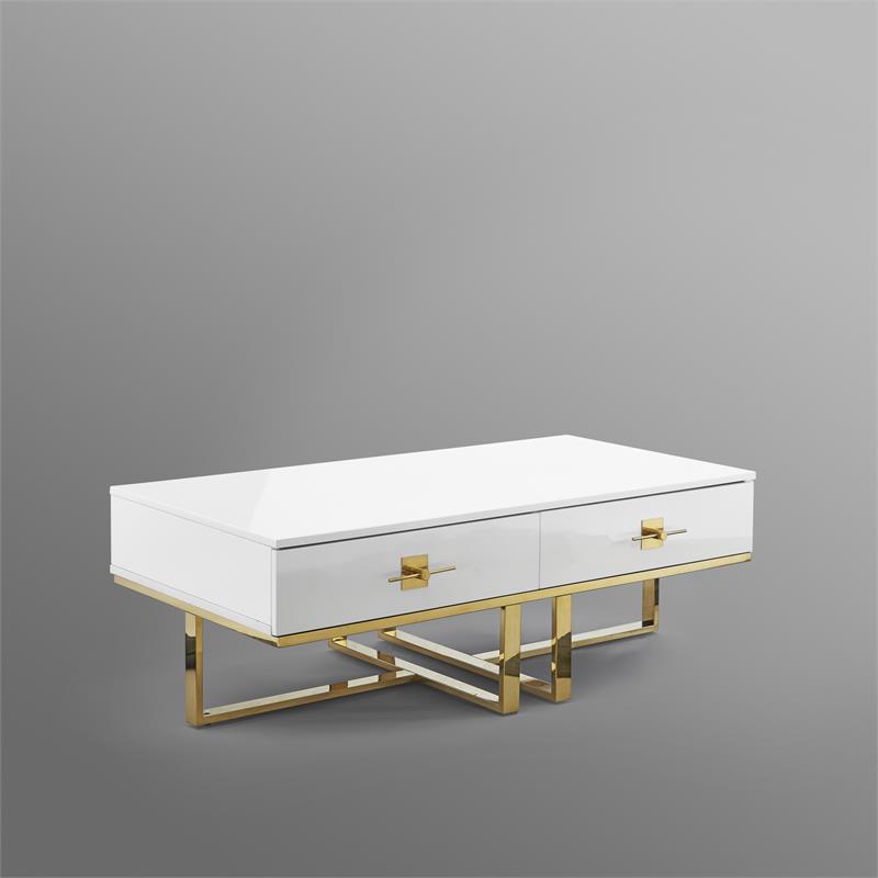 Bowery Hill 2-Drawers Stainless Steel Base Coffee Table in White and Gold