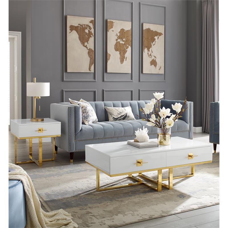 Bowery Hill 2-Drawers Stainless Steel Base Coffee Table in White and Gold