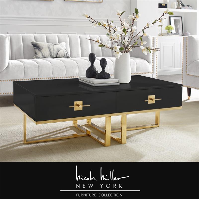 Bowery Hill 2-Drawers Stainless Steel Base Coffee Table in Black and Gold
