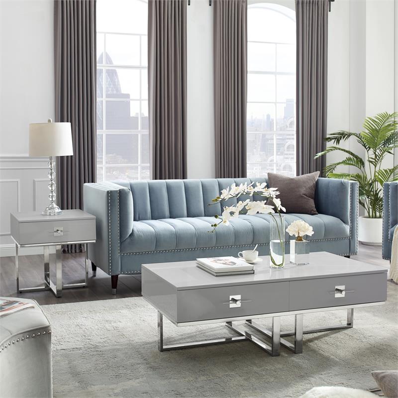 Bowery Hill 2-Drawers Stainless Steel Base Coffee Table in Light Gray and Chrome