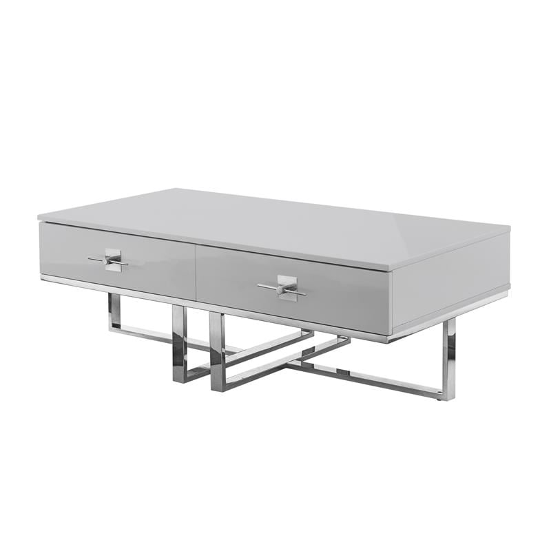 Bowery Hill 2-Drawers Stainless Steel Base Coffee Table in Light Gray and Chrome