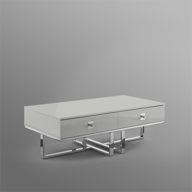 Bowery Hill 2-Drawers Stainless Steel Base Coffee Table in Light Gray and Chrome